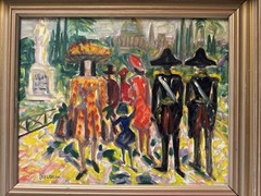 MID CENTURY PAINTING SOLDIERS PEOPLE PARK STATUE ARCHITECTURE MODERNIST FAMOUS