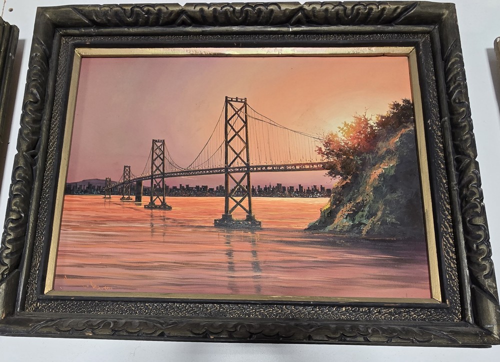 Framed Painting of Bridge At Sunset Signed – 34.5 x 27″