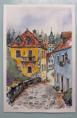 Сityscape Watercolor Original Painting European Architecture Old Town Artwork