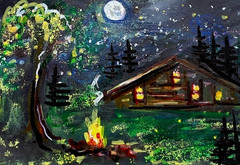 ACEO Original PAINTING Summer CABIN Camping Fire Night Stars Landscape ATC ART