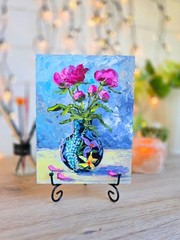 Peonies Flowers Oil Painting 15x20cm Blue Vase Painting on Painting Board