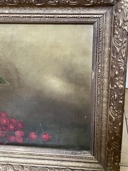 1800s Oil On Canvas Cherries Spilling From Basket Still Life Antique Painting