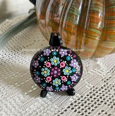 Original Dot Painted Stone Black Flower Mandala by Cheryl Andrade