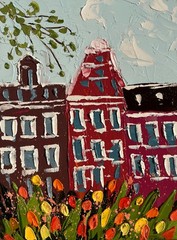 Amsterdam Tulips Original Oil Impasto Painting Cityscape Netherlands Landscape
