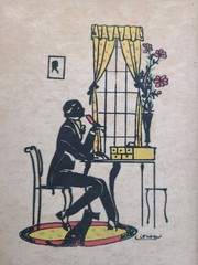 Silhouette Painting on Nylon Mesh Fabric Colonial Man Writing Desk Dog Citroen
