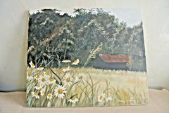 Vtg Wildflower Daises in Field Barn Oil Painting Canvas 20×24 sgnd Nancy Wilson