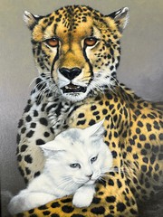 Fabrizio (Fuz) Caforio CHEETAH & CAT Signed & Framed Acrylic on Canvas 24” x 29”