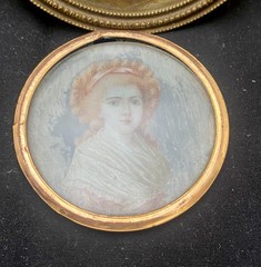 TWO ANTIQUE FRENCH MINIATURE WOMEN PORTRAIT SIGNED PAINTING & CHROMOLITHOGRAPHY