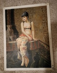 Turkish Oriental original painting, signed. Shy and Naked in Harem. 20.5X28(h)