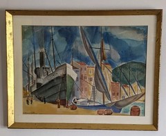 1924 C. Bertram Hartman Painting SHIPYARD Sailing Ship Watercolor 15 X 21 Frame