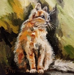 Ginger cat 4×4 inches Mini oil painting framed on stand read