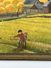 ANTIQUE AMERICAN FOLK ART REGIONALISM PAINTING FARM LANDSCAPE CHILDREN 24 INCH