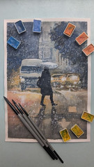 Winter Watercolor Painting Snowfall City Scene People Traffic Light A4 Art