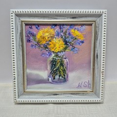 Original autographed oil painting in a frame. Dandelions. Impressionism. 4×4 inc