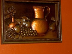 ORIGINAL VINTAGE Pitcher Fruits Rose Still Life Painted Copper like Metal Art
