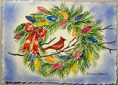 5”x7” Pamela Wilhelm Original Watercolor Christmas Wreath bow cardinal lights