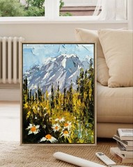 Original Impasto Mountain Landscape with Daisies Oil Painting Wildflower Meadow