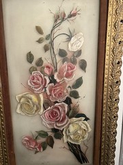 Antique Victorian Rose Oil Painting On Glass. Rare. Pink & yellow & White