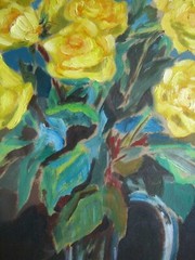 Derri C.L. Stillleben Roses Yellow Vase Table Room Green Leaves Shadow Sign