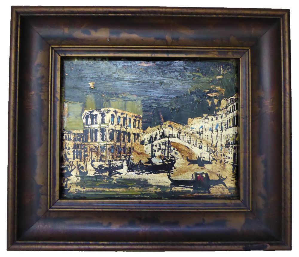 Vintage MCM Venice Canal Painting Gold Leaf Accent