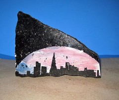 Artist Painted Skyline Scene On Granite Piece One Of A Kind USA 5.75 Inch
