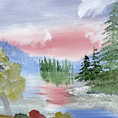 Oil on Canvas Painting Signed Student Art 11 x 14 Wooded Lake at Sunset Pines