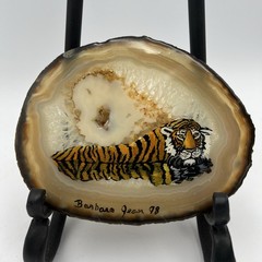 Vintage Art Hand Painted Tiger On Agate Slice Barbara Jean 2 Set 1 Tile