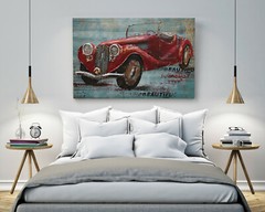 Paintings 3D Vintage Style Metal Red Car on Wood Painting Wall Art Deco Artwork