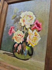 Vintage Still Life Oil Painting Yellow Roses Flowers Framed Wood Wall Art