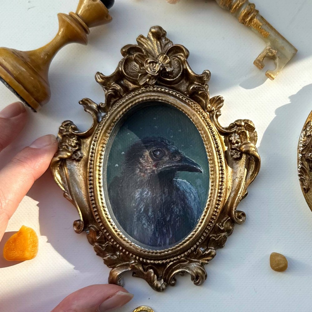 crow oil painting gold frame raven old bird portrait Victorian art antique Goth