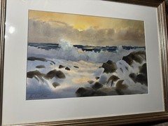 Lee Everett (20/21st Century) „Dusk Seascape Scene“ Watercolor Painting – Framed