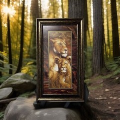 Realistic Framed Lion Painting 28” x 16” Brown Size Medium
