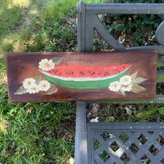Vtg Watermelon Hand Painted Reclaimed Wood Folk Art Country Wall Decor Rustic