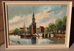 PIETER ARENDS Dutch oil painting Montelbaan Tower Oude Schans Amsterdam 1971