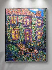 Black Cats Garden Acrylic Impressionist Matted Original 11×14 In 16×20 Framed