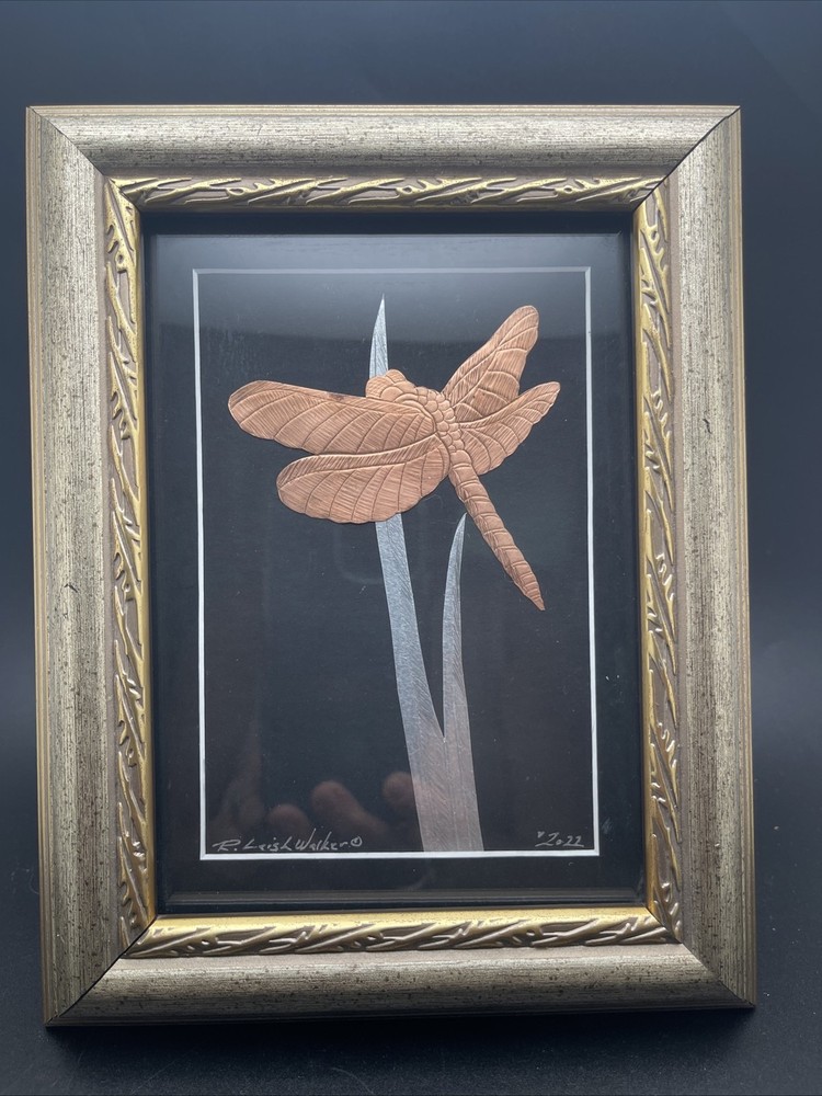 Framed Copperfoil Dragonfly Picture Artist Signed R. Leigh Walker 2022
