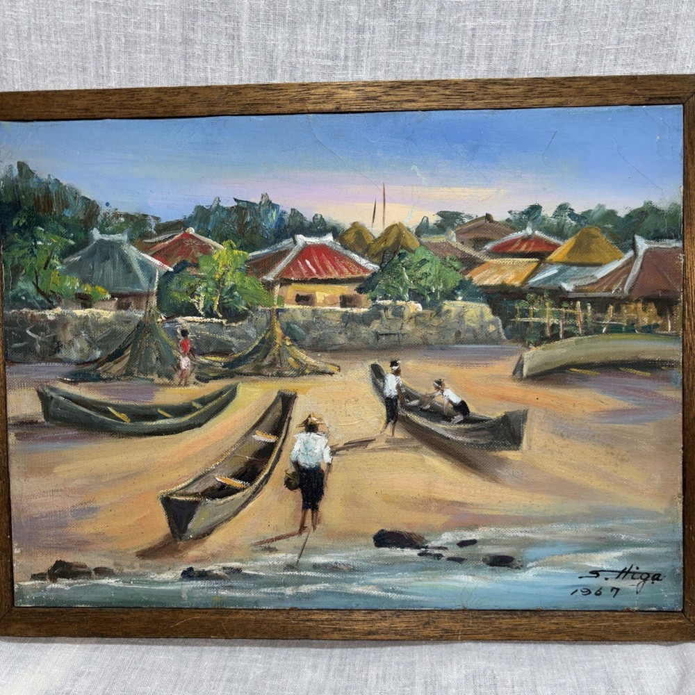 S. Higa Okinawa Japan oil painting boats at dock & landscape scene Asian Art