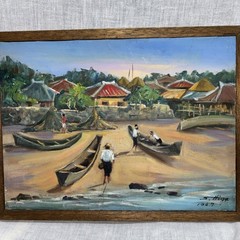 S. Higa Okinawa Japan oil painting boats at dock & landscape scene Asian Art