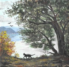 4×4 print of painting RYTA LANDSCAPE HALLOWEEN BLACK CAT CROW RAVEN Folk Art 🎃