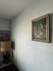 VINTAGE CUBISM LANDSCAPE OIL PAINTING OLD MODERN TROPICAL ISLAND WOMAN 1950s