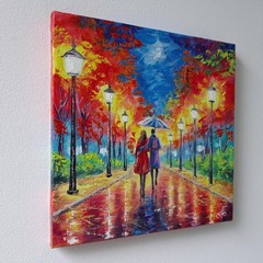 Small Oil Painting on Canvas Autumn Park Couple Umbrella Vibrant Colors Wall Art