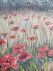 Original Acrylic Landscape Painting Red Poppy Field Mountain Meadow Wall Art