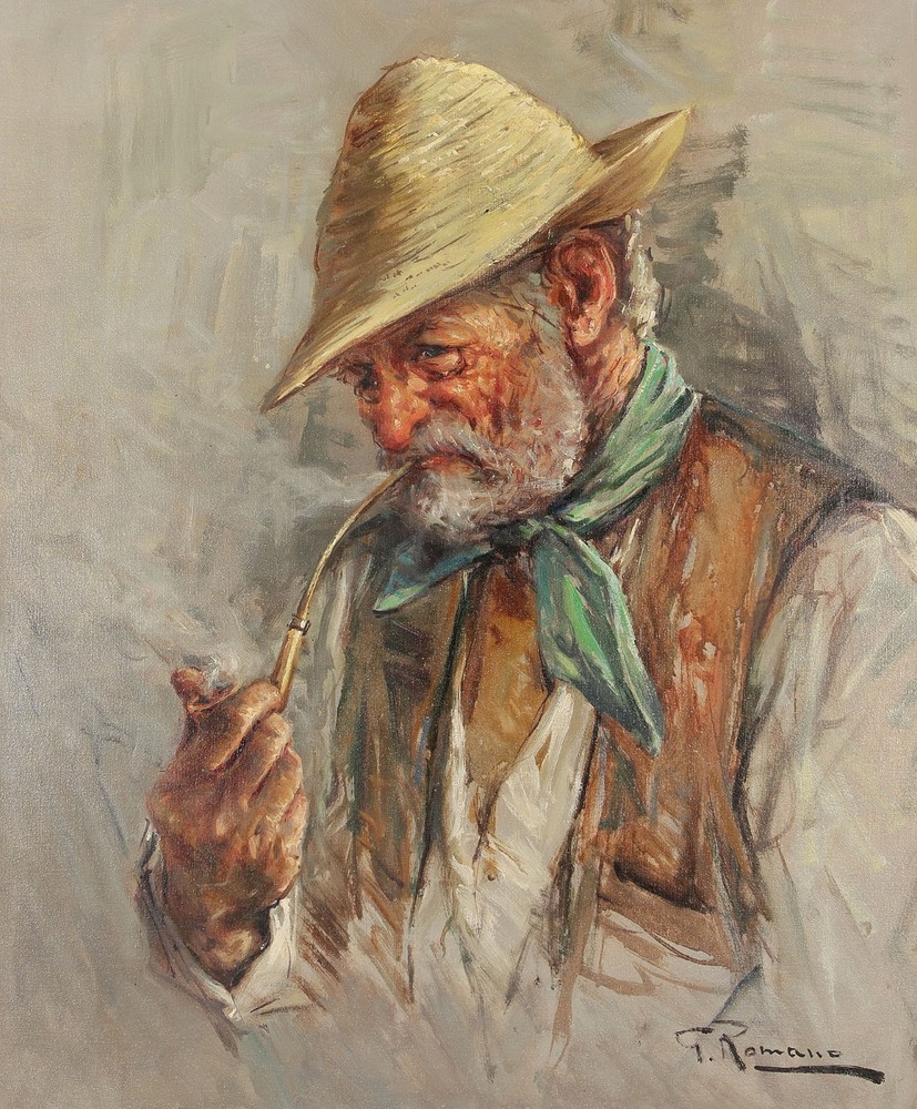 G. ROMANO Signed Vtg cEa-Mid 1960s Orig Italian Painting PIPE-SMOKING FISHERMAN