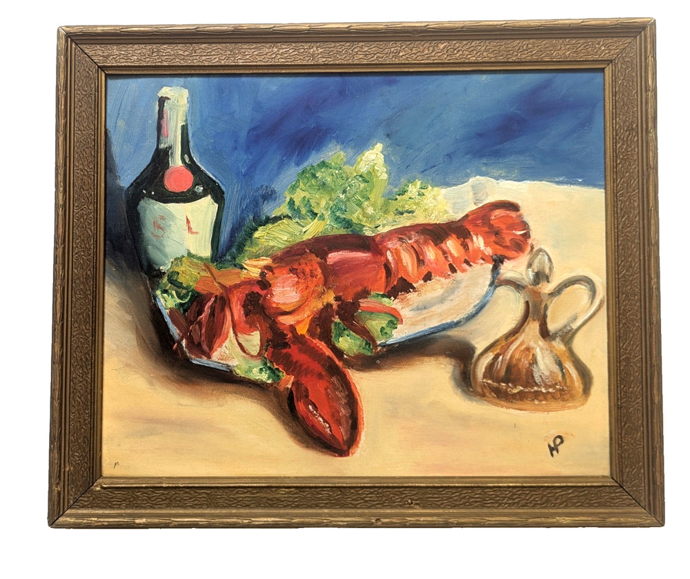 Vtg Original Lobster Painting Still Life Seafood Wine Kitschy Art on Board 15×18