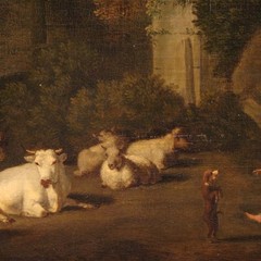 Antique landscape artwork bucolic painting oil canvas ruins 17th century