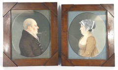 Fine Pair of Early Watercolor Portrait Paintings of a Man & Woman