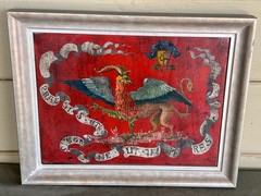 Renaissance Revival Style Oil on Leather Heraldic Composition Painting a Winged