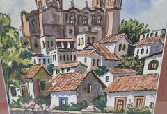 Vintage Spanish Colonial Style Cityscape Original Watercolor Painting Signed