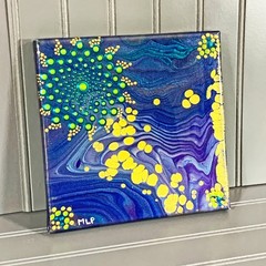 8″ x 8″ Original Dot Mandala Acrylic Paint Pour on Canvas – Purple Green Gold