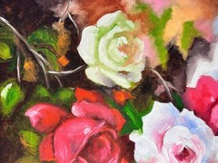 Original Oil Painting White Red Yellow Flowers Roses Still Life Artist Signed